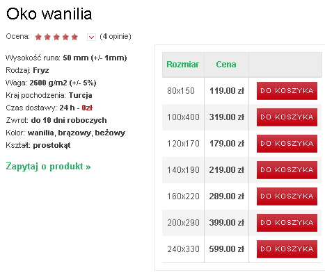 Dywante - Specyfikacja dywanu Specyfikacja dywanu, parametry dywanu